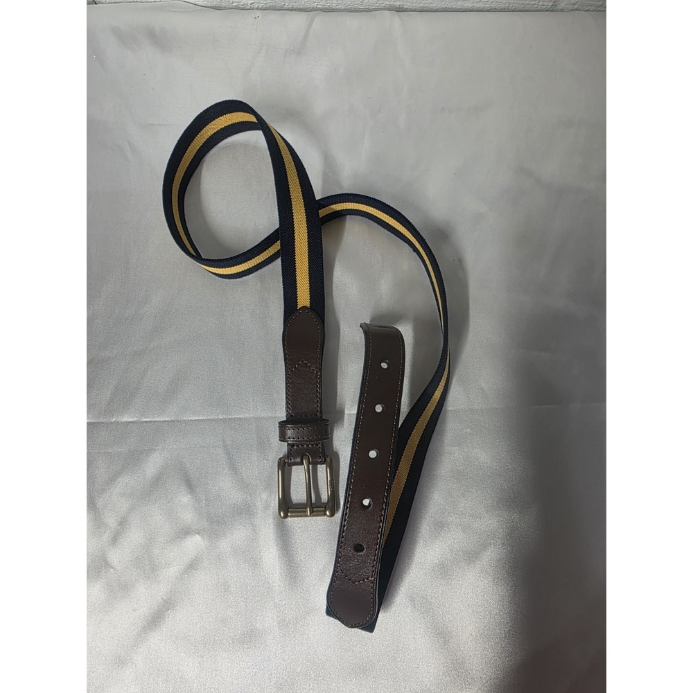 Polo Ralph Lauren Men's Striped Canvas Belt Leather Trim Yellow Navy Sz 40